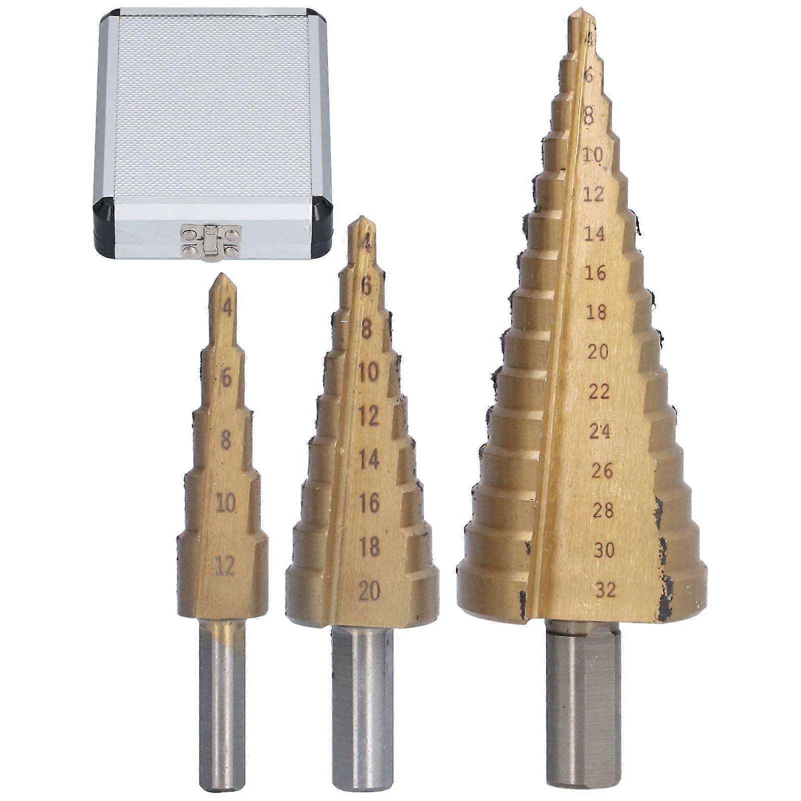 3PCS/Set Step Drill Bit Triangular Shank High Speed Steel Cone Drilling Hole Tool Set with Aluminum Case