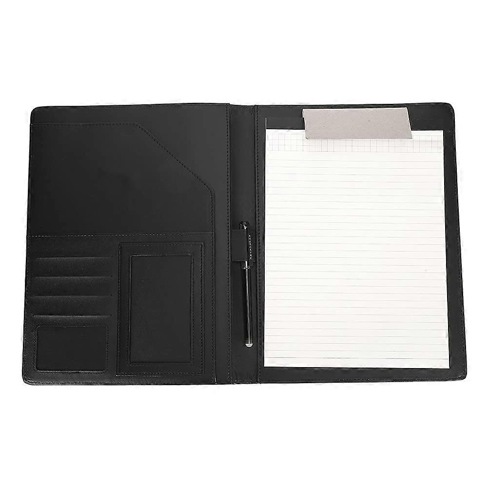 A4 Multifunctional Business Folder Black PU Document Organizer with Erasable Notepad, Pen, and Card Holder