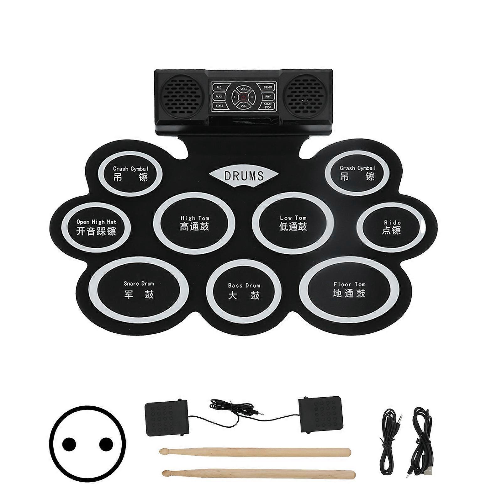 Electronic Drum Pad Set Roll Up Foldable Kit with 2 Speakers Battery 100‑240V DM10EU Plug
