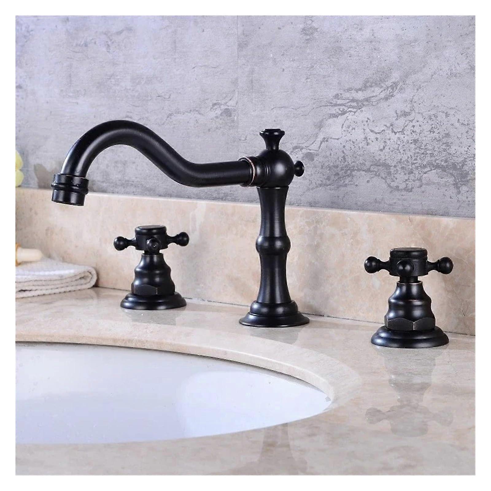 Threepiece washbasin faucet set in black brass with two handles, faucet for hot and cold water, 3hole deckmounted mixer tap, kitchen sink faucet.