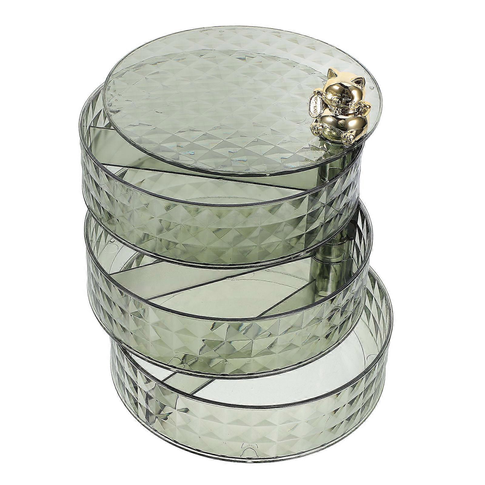 Rotating Jewelry Box with MultiLayered Storage and Cat Handle in Green for Desktop Organization