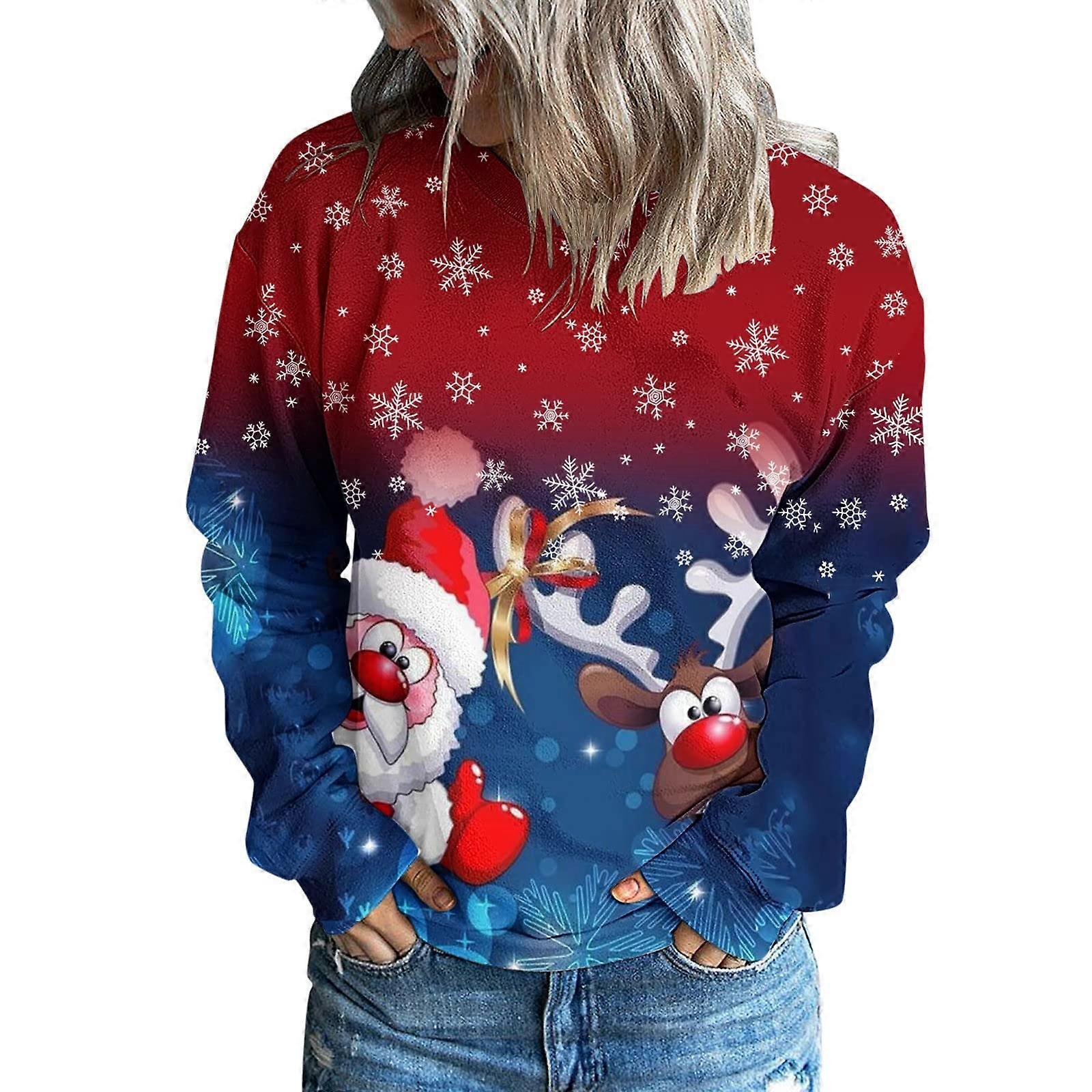 Pullover Front-Opening Christmas Patchwork Sweatshirt For Women Blue Size 36 2024 Tops