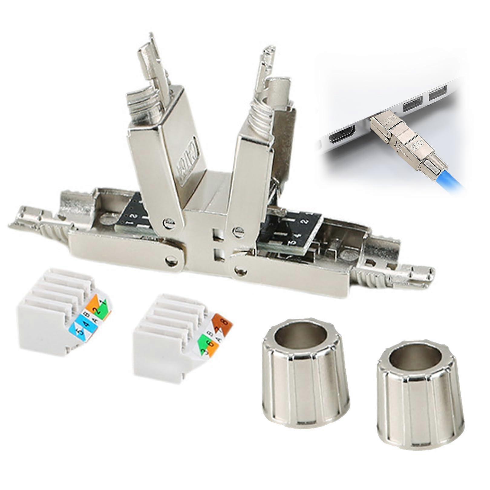 Network Cable Connector Cat7 Cat6a Tool-Free Crimping Connector for Ethernet LAN 10 Gbps 600 MHz Silver On Site