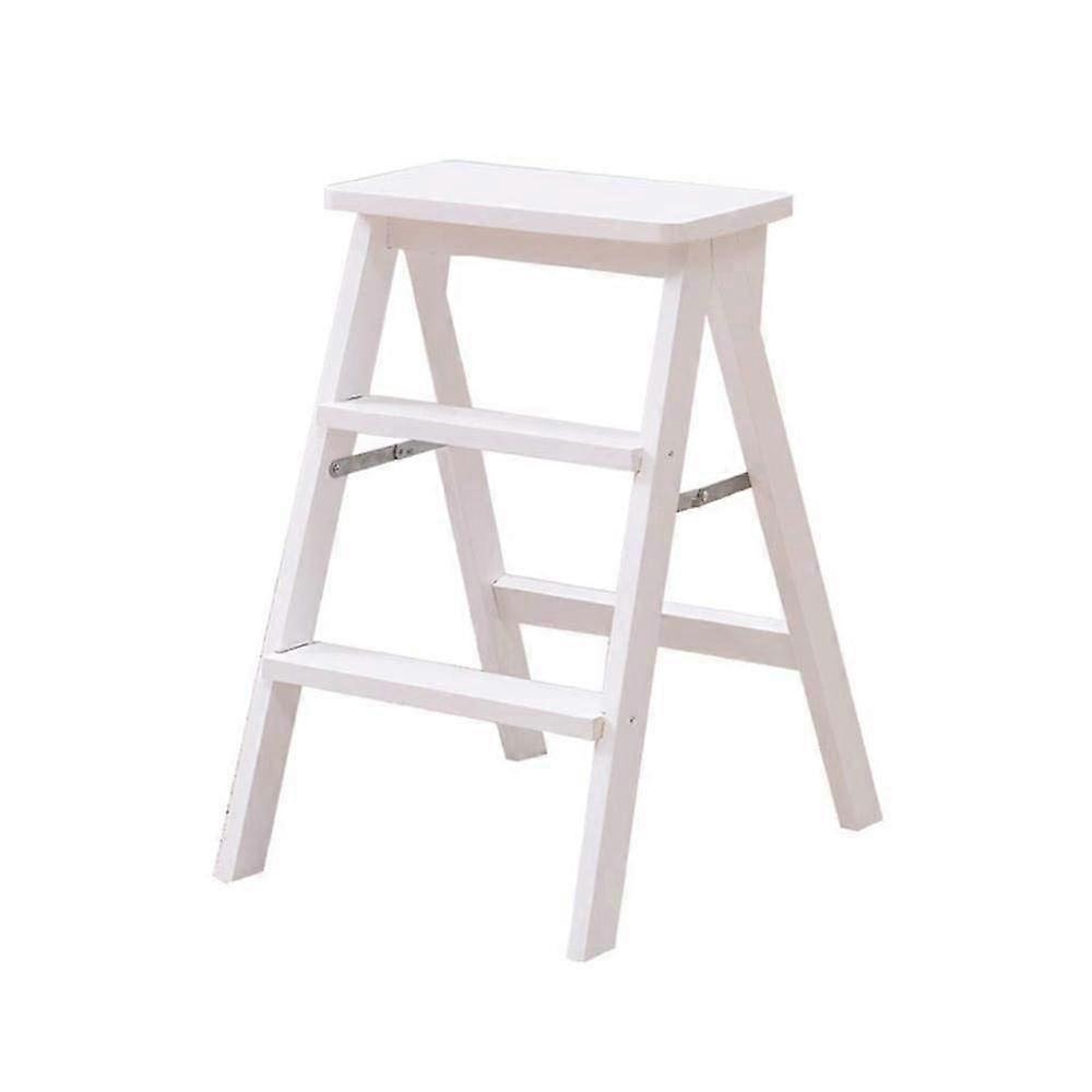 3Step Wooden Portable Folding Step Stool, Kitchen Office Safety Ladder Chair, Foldable White Step Stool with Seat