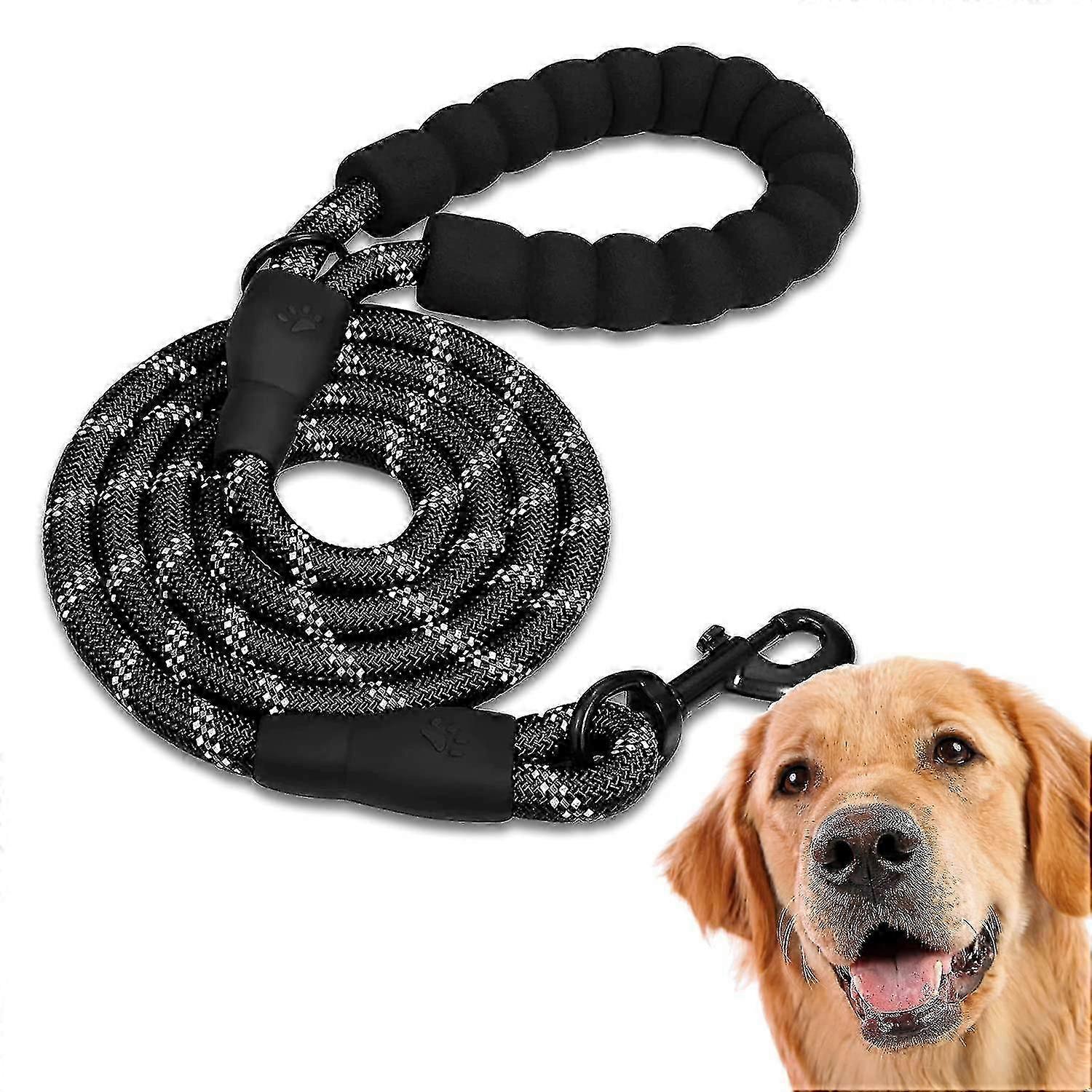 Padded Dog Training Leash with Soft Handle: Rope Leash for Puppies, Small to Large Dogs (1.5M Black)