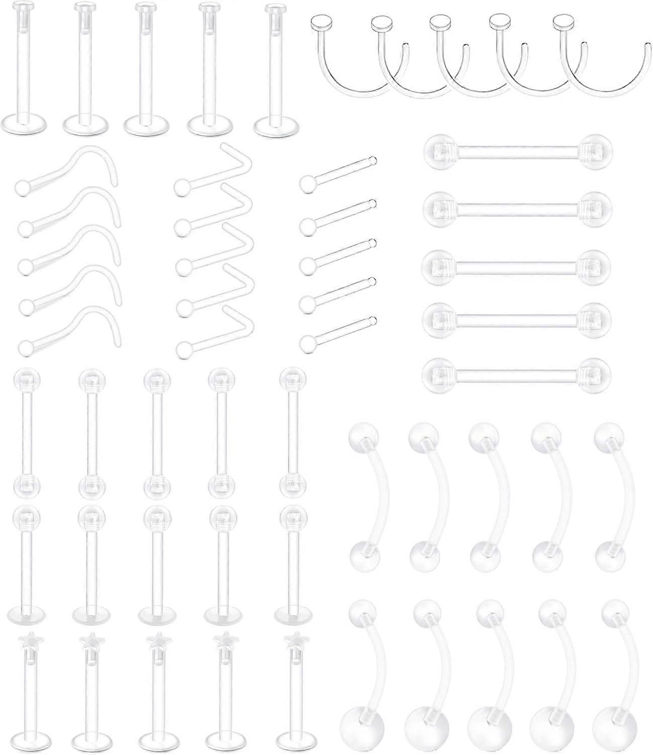 55Pcs Mix Style Clear Piercing Kit Retainer Flexible Lip Nose Eyebrow Nipple