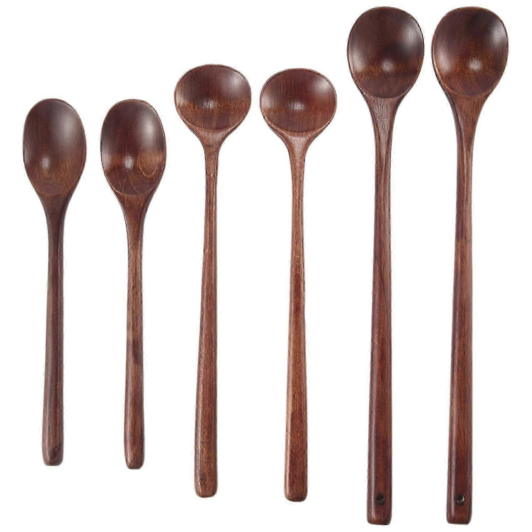 6 Pieces Wooden Spoons Kitchen Serving Long Handle Soup Spoons Cooking Tasting Spoons for Eating Mixing Stirring