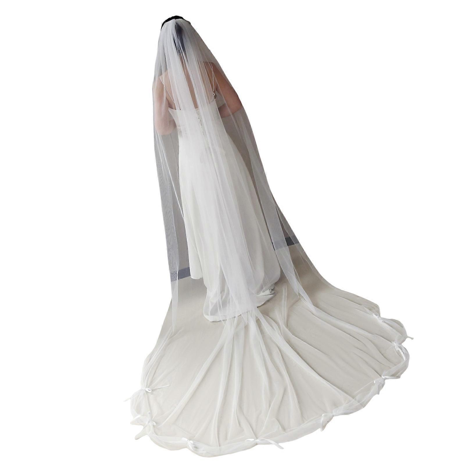 Cathedral Length Bridal Headpiece With Detachable Loop Beige White Sheer Netting For Traditional Weddings  White