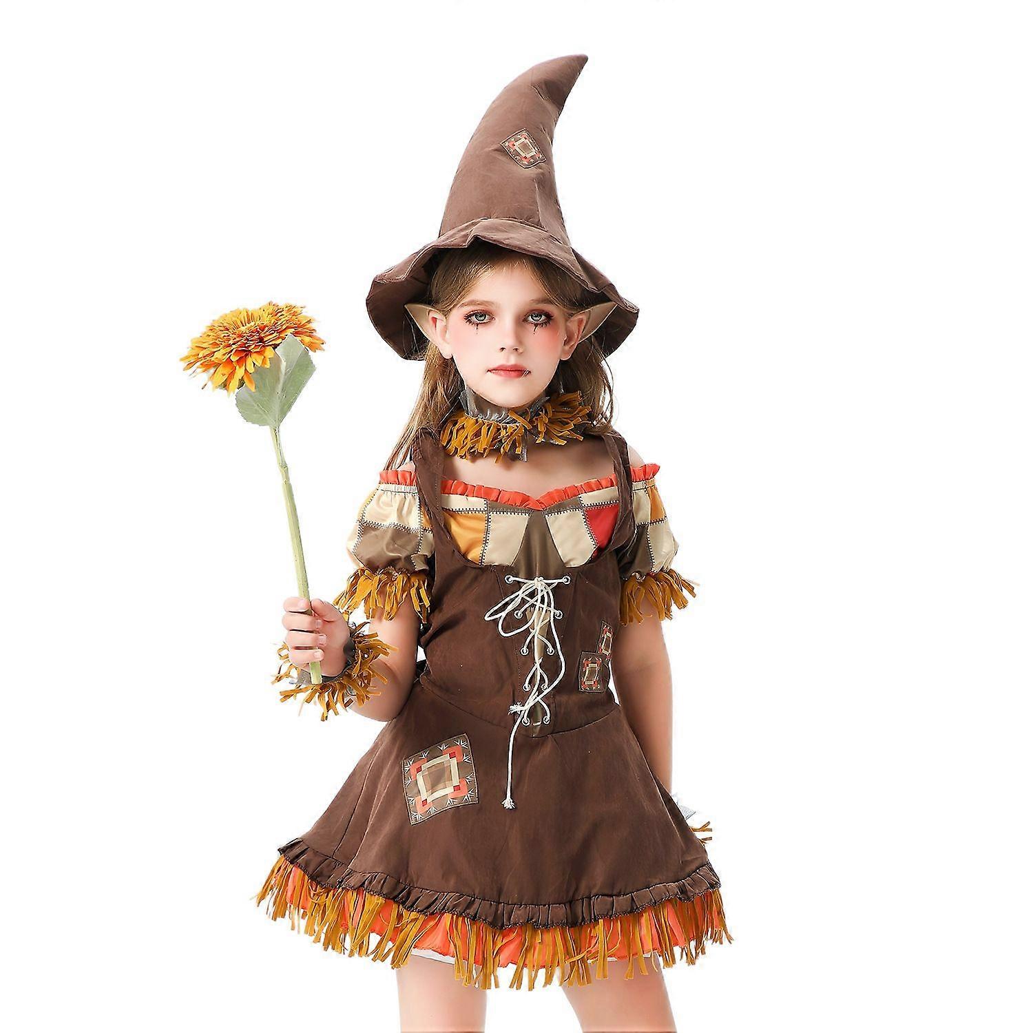 Halloween Scarecrow Costume for Womens, Farm-Themed Funny Dress with Lace and Plaid, Cute Cartoon Print Overalls