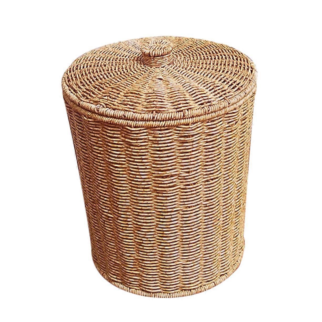 Elegant Imitation Rattan Trash Can Large Capacity Basket Lid For Home Kitchen Desk Garbage Can