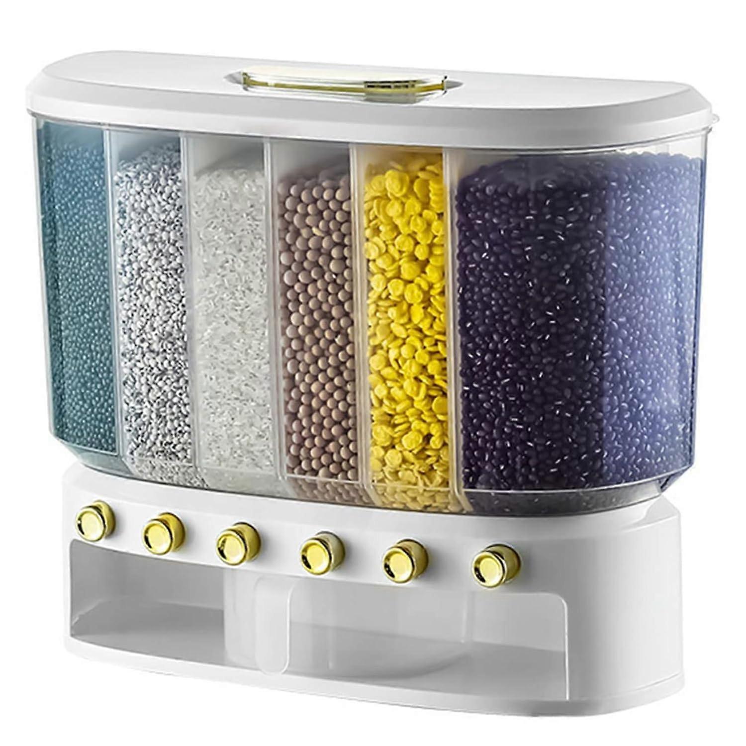 Rice Dispenser Large Capacity 6Compartment Rice Storage Containers Catching Cup Adjustable Dividers Sealed Durable