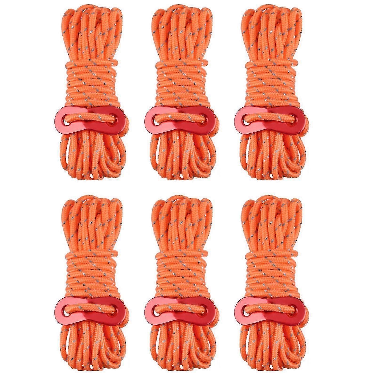 6 Pcs Reflective Guy Ropes - 4mm4m Orange Tent Guy Line with Tensioners, Durable Nylon Paracord for Camping, Tent &amp; Tarp Setup