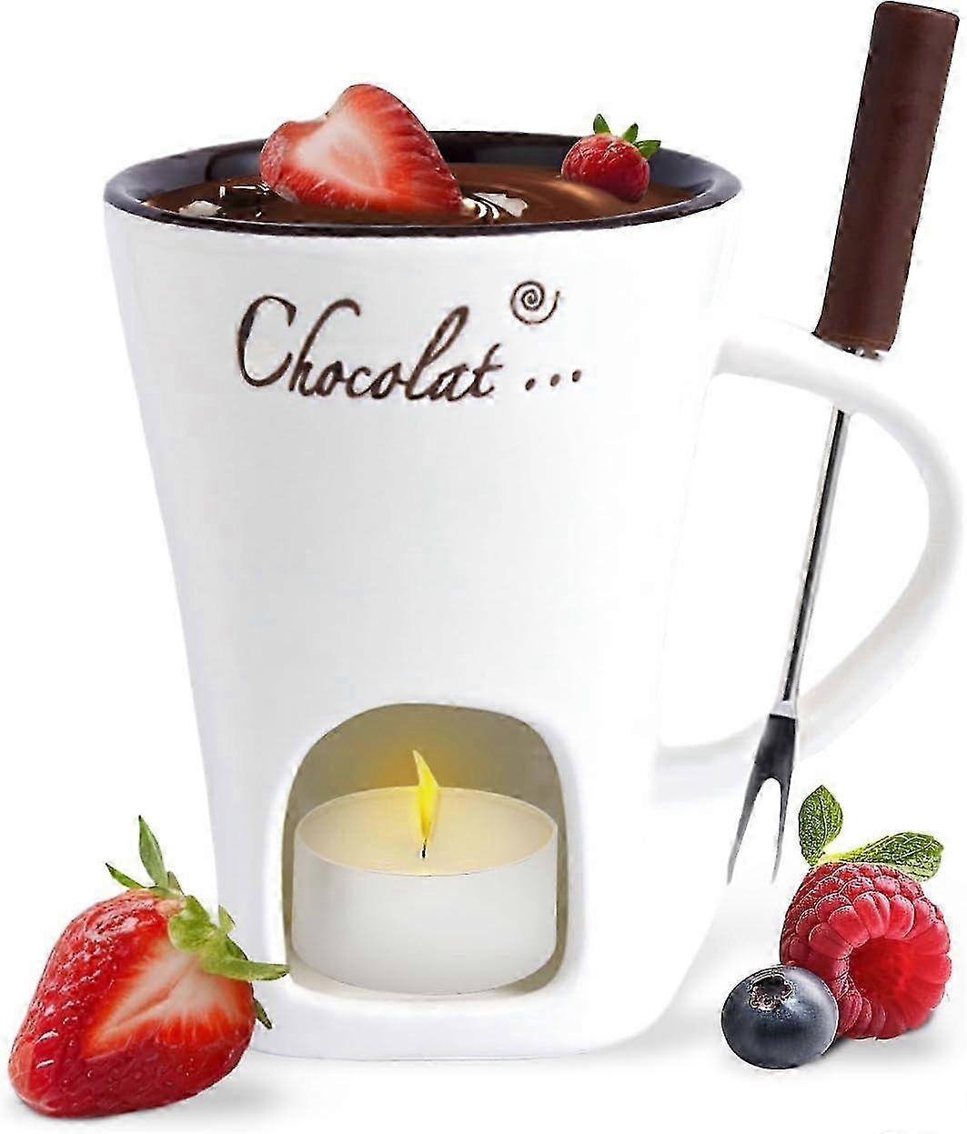 كوب فوندو الشوكولاتة، كوب قهوة، كوب ذوبان الشوكولاتة مع شوكة، كوب دافئ لوعاء الفوندو، وعاء حلوى ساخن للحلوى والجبن والطهي والحلويات