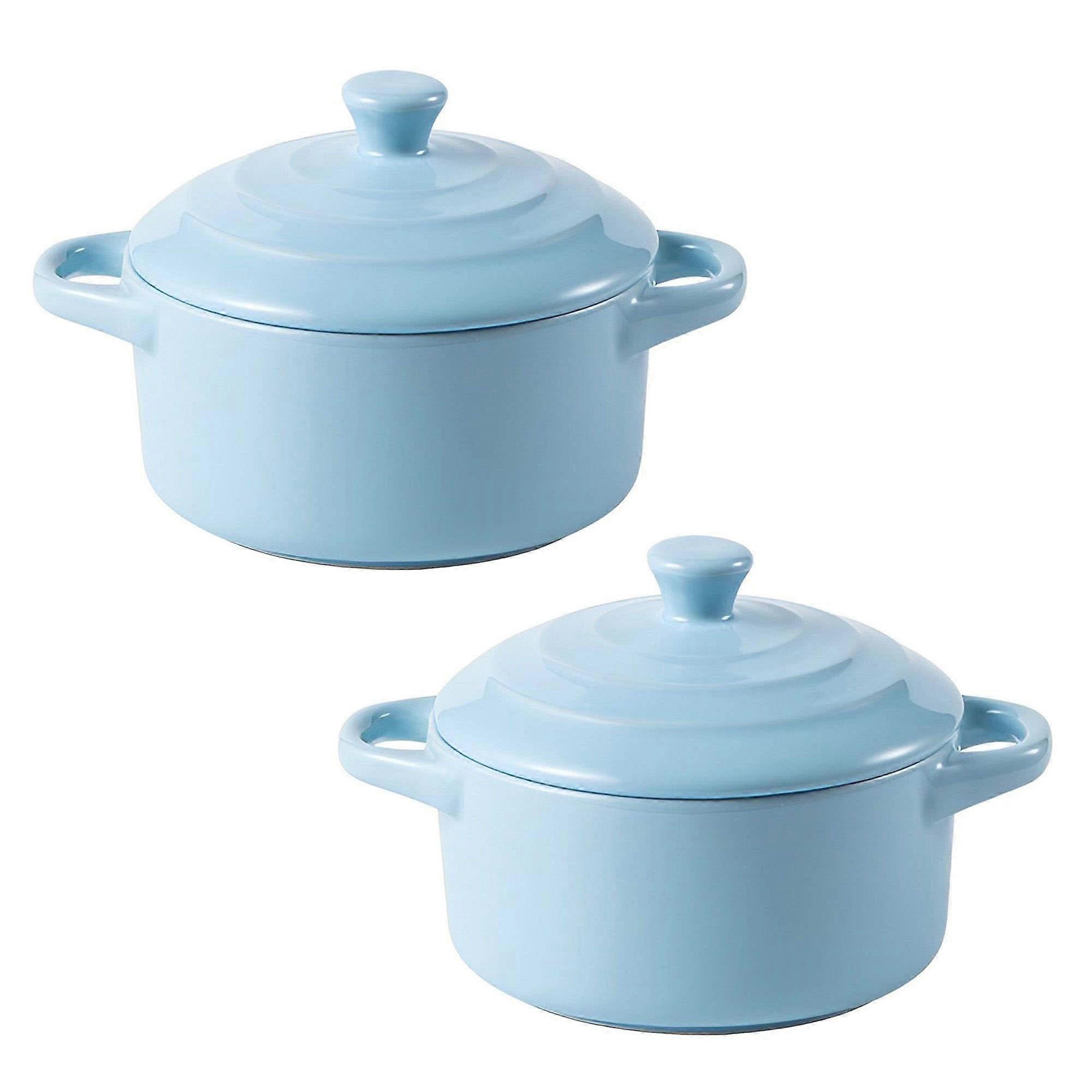 Mini Ceramic Casserole Pots Set  2Piece With Lids, OvenSafe Small Soup Pots, Blue