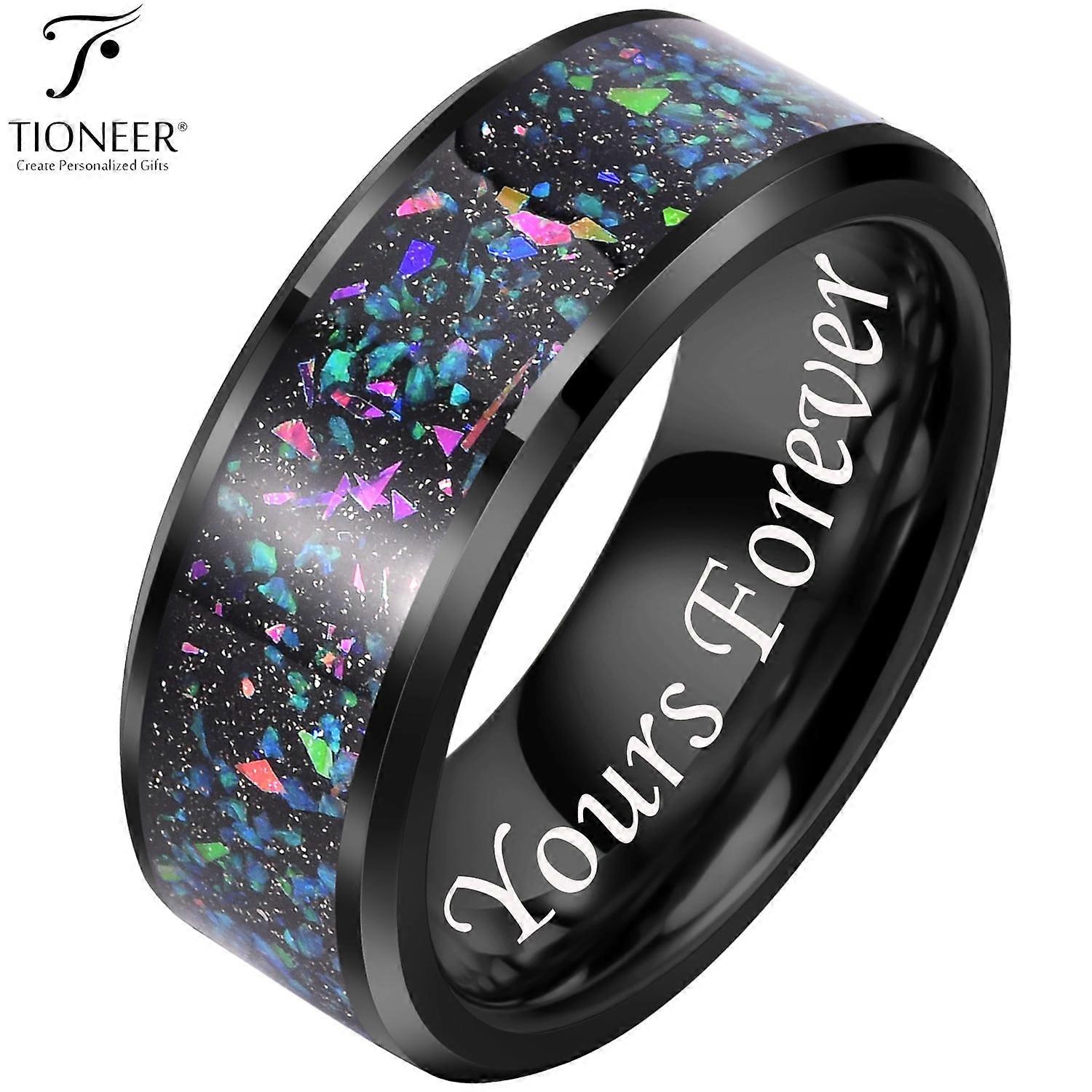 Tioneer Black IP Tungsten Ring 8mm Galaxy Series w/ Opal Inlay in Different Styles Wedding Band for Men Women w/ FREE Engraving Options