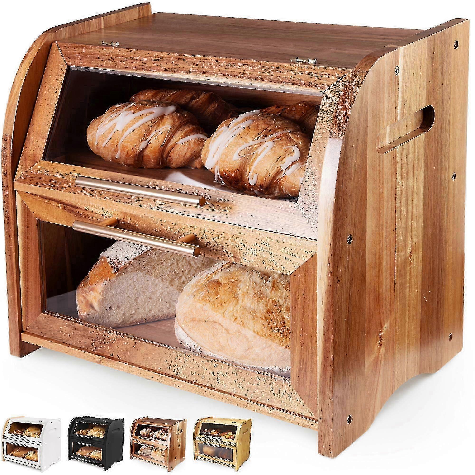 Stylish Acacia Extra Large 2-Shelf Wooden Bread Box for Kitchen Countertop Bread Storage Extra Large miao4