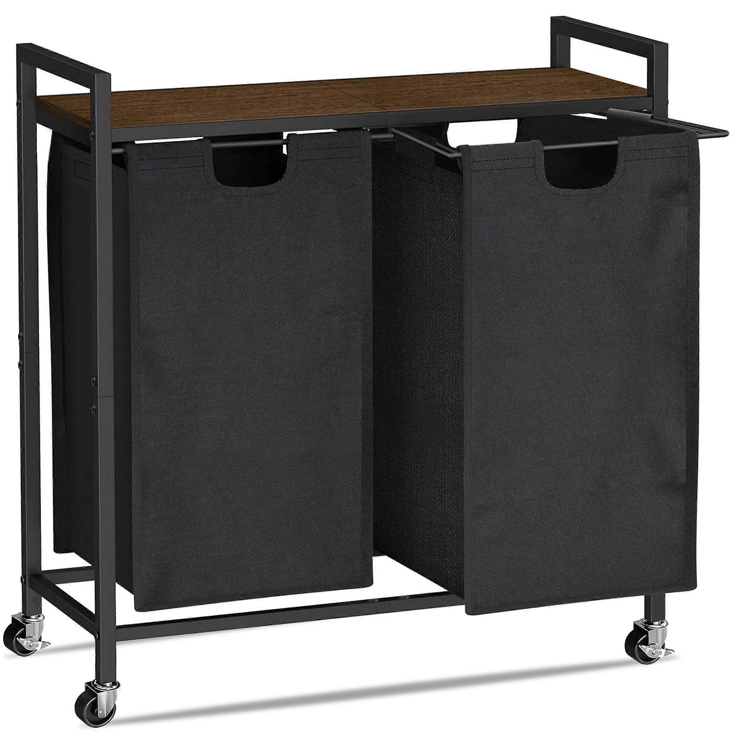 Laundry Basket with Wheels and Shelf, Double Hamper Rolling Cart for Bedroom Storage Metal