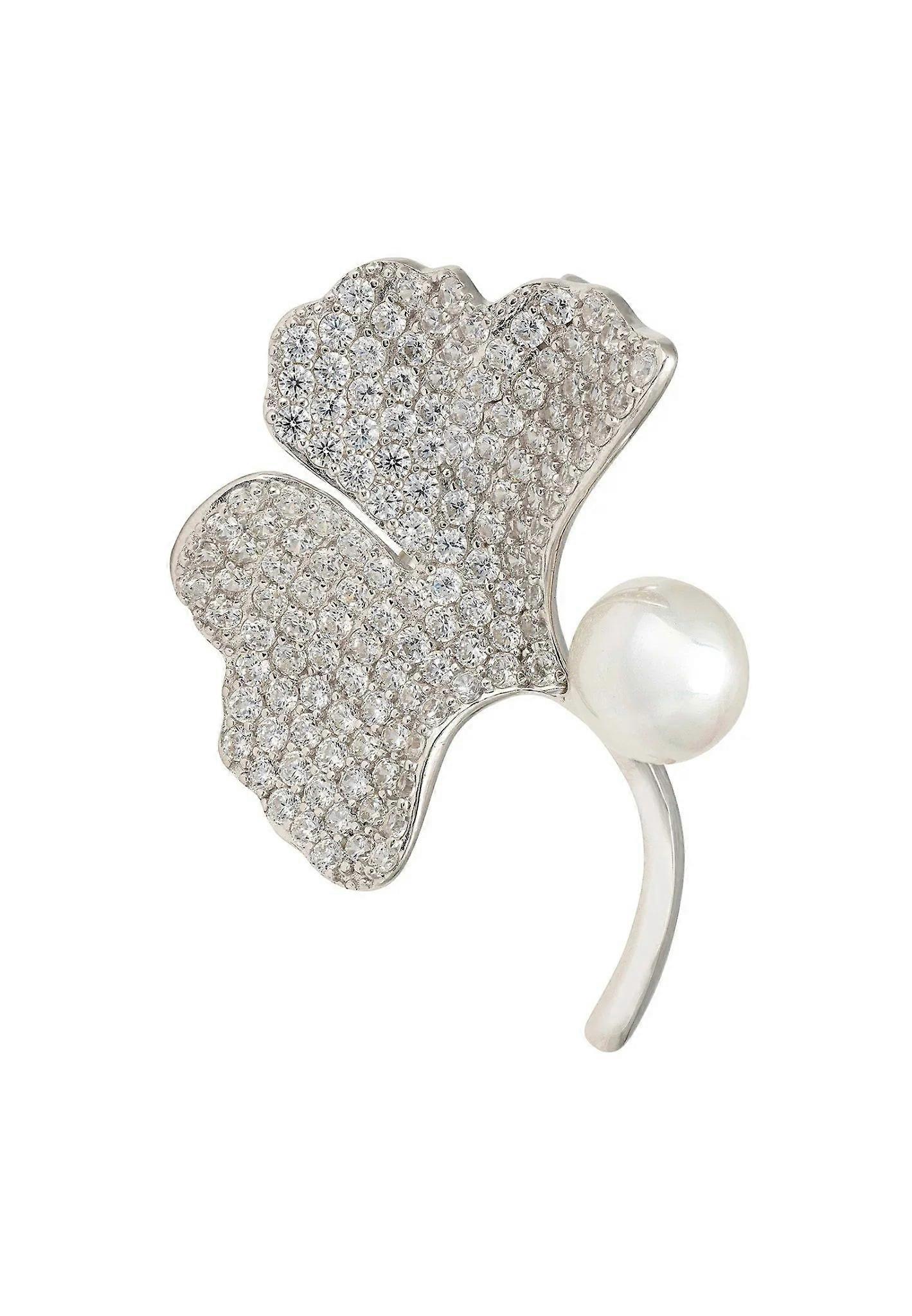 Latelita Ginkgo Leaf And Pearl Sterling Silver Brooch for Women