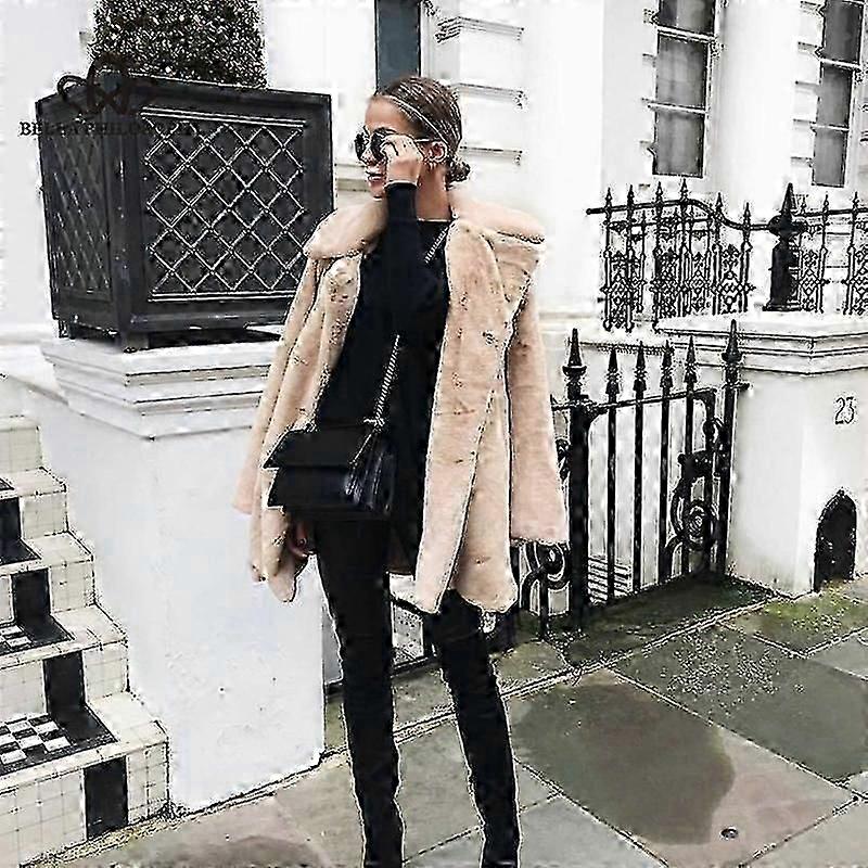 Fourrure Longue Mode Peluche Chaud Élégant Décontracté Manteau Ample Hiver Épaissi Revers Moelleux