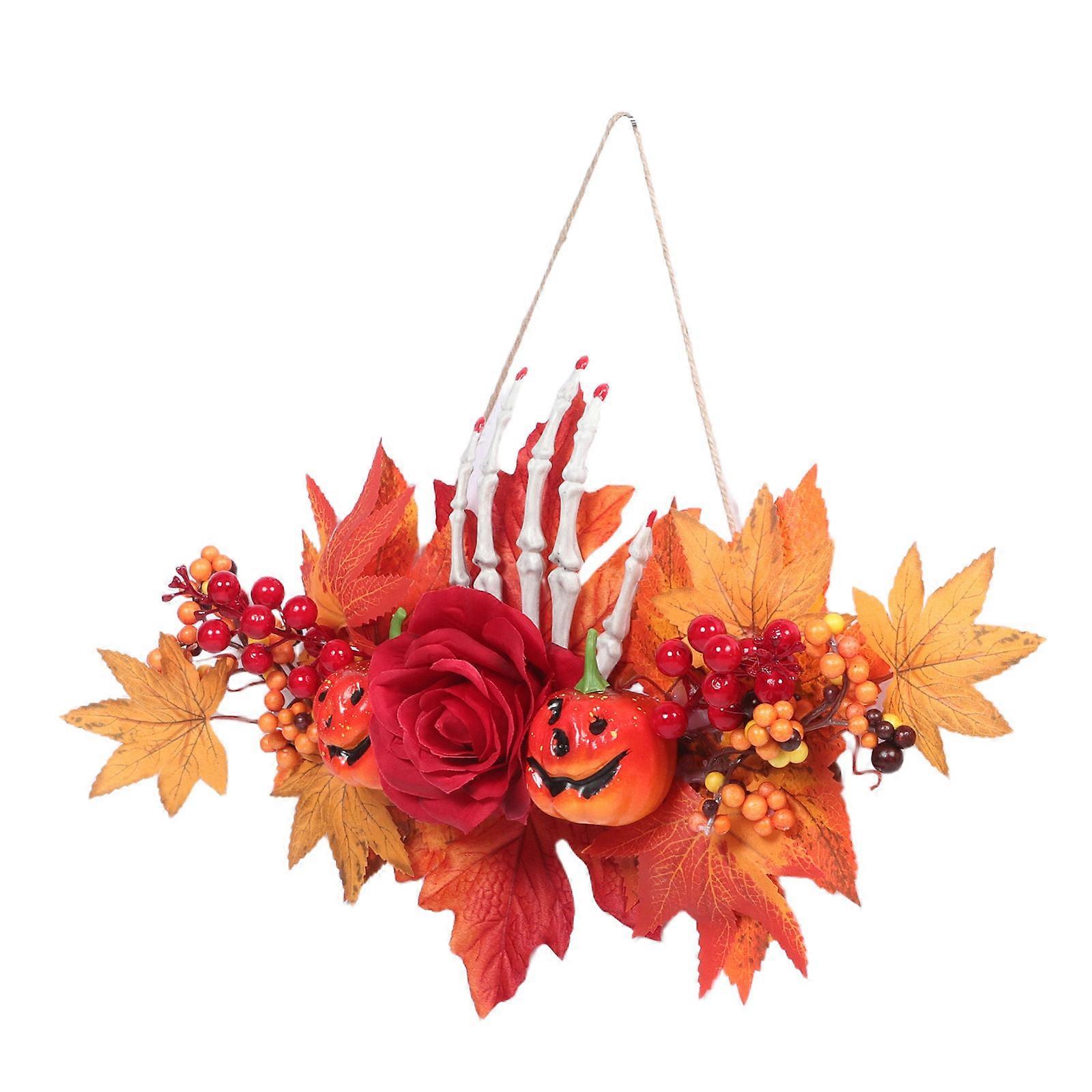 Halloween Wreath with Pumpkin and Maple Leaves for Fall