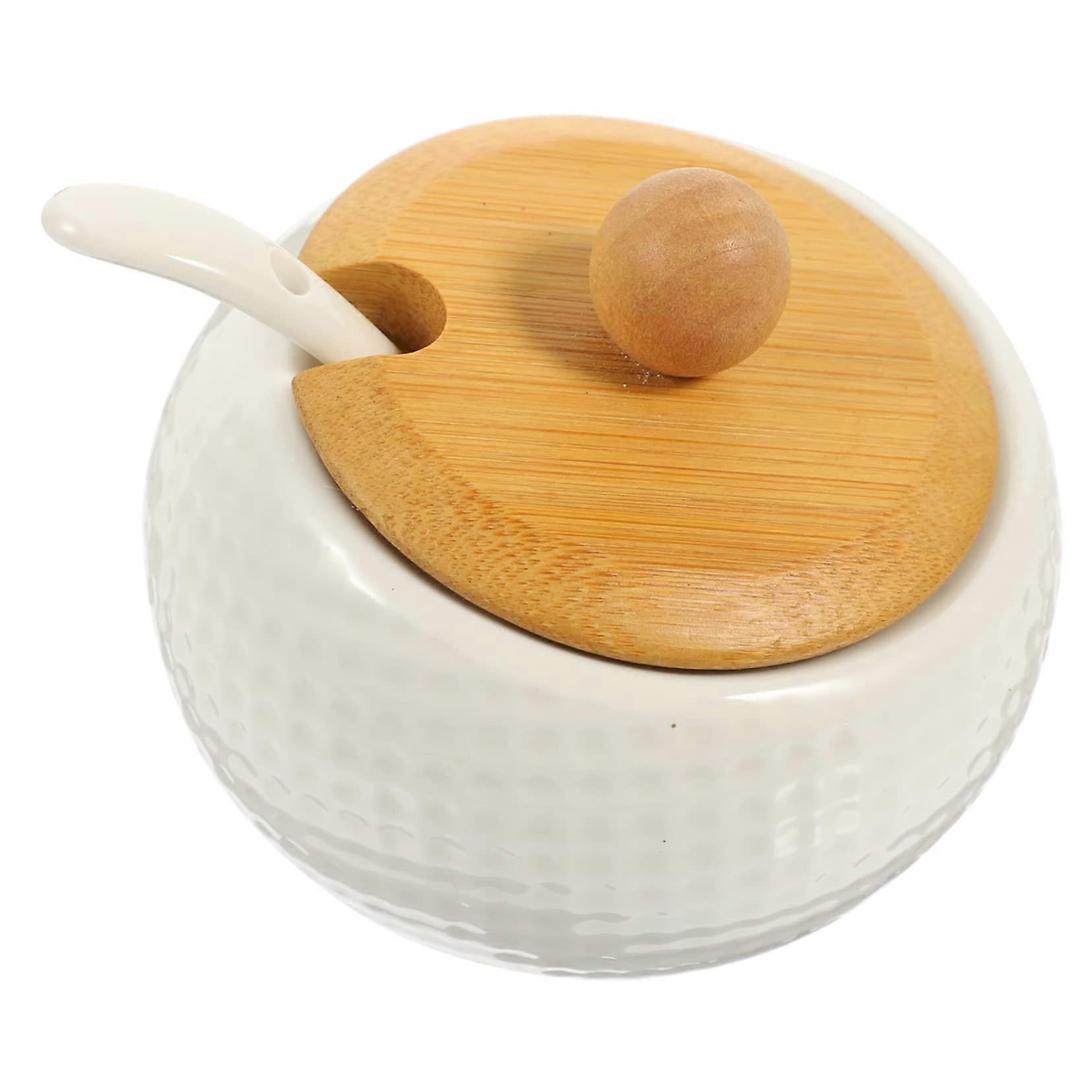 Ceramic Spice Jar with Bamboo Lid and Spoon, Kitchen Condiment Container for Fresh Seasoning Storage