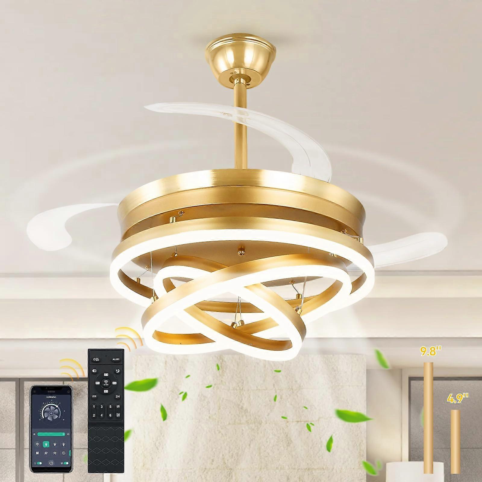 42 Inch Retractable Ceiling Fan with Light and Remote, Gold Fandelier with Silent DC Motor, Dimmable LED