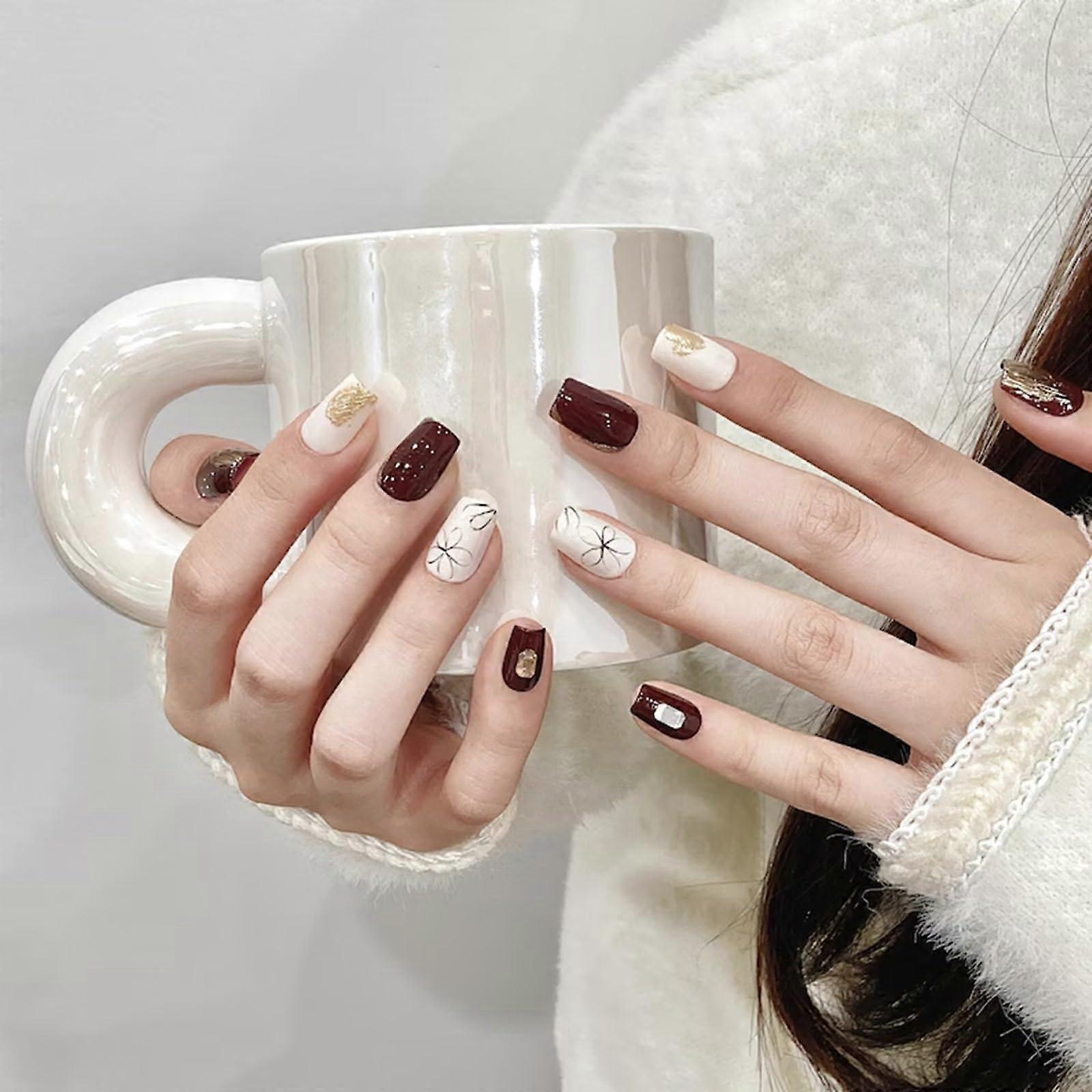 Handmade Press On Nails Kit Long Brown False Nails Ready to Wear Reusable Easy Application