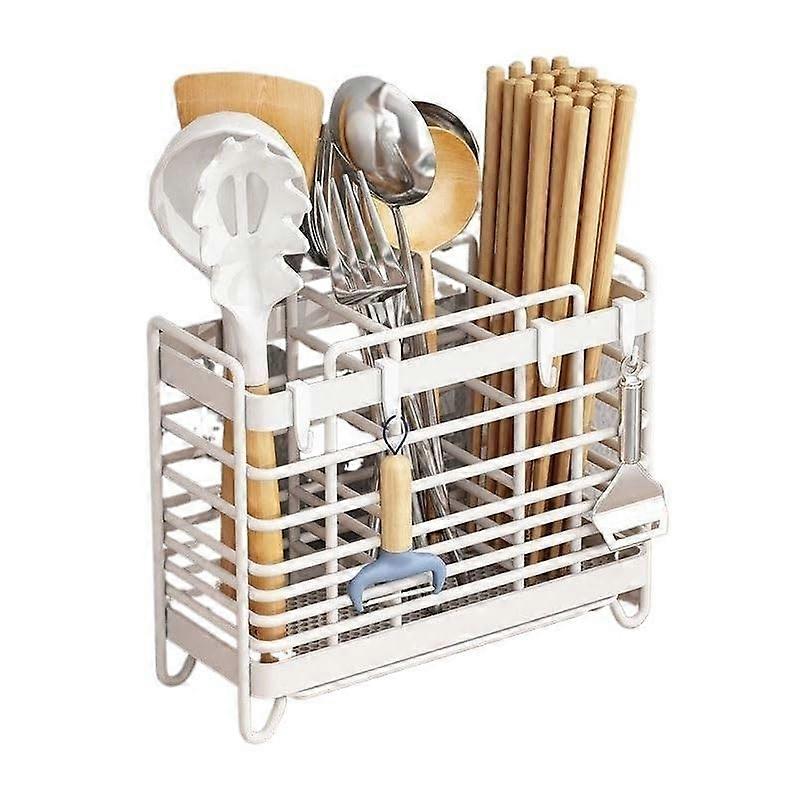 Kitchen Utensil Holder Wall Mount or Countertop, 3 Compartments, Drain Tray, Hooks, Rustproof Steel