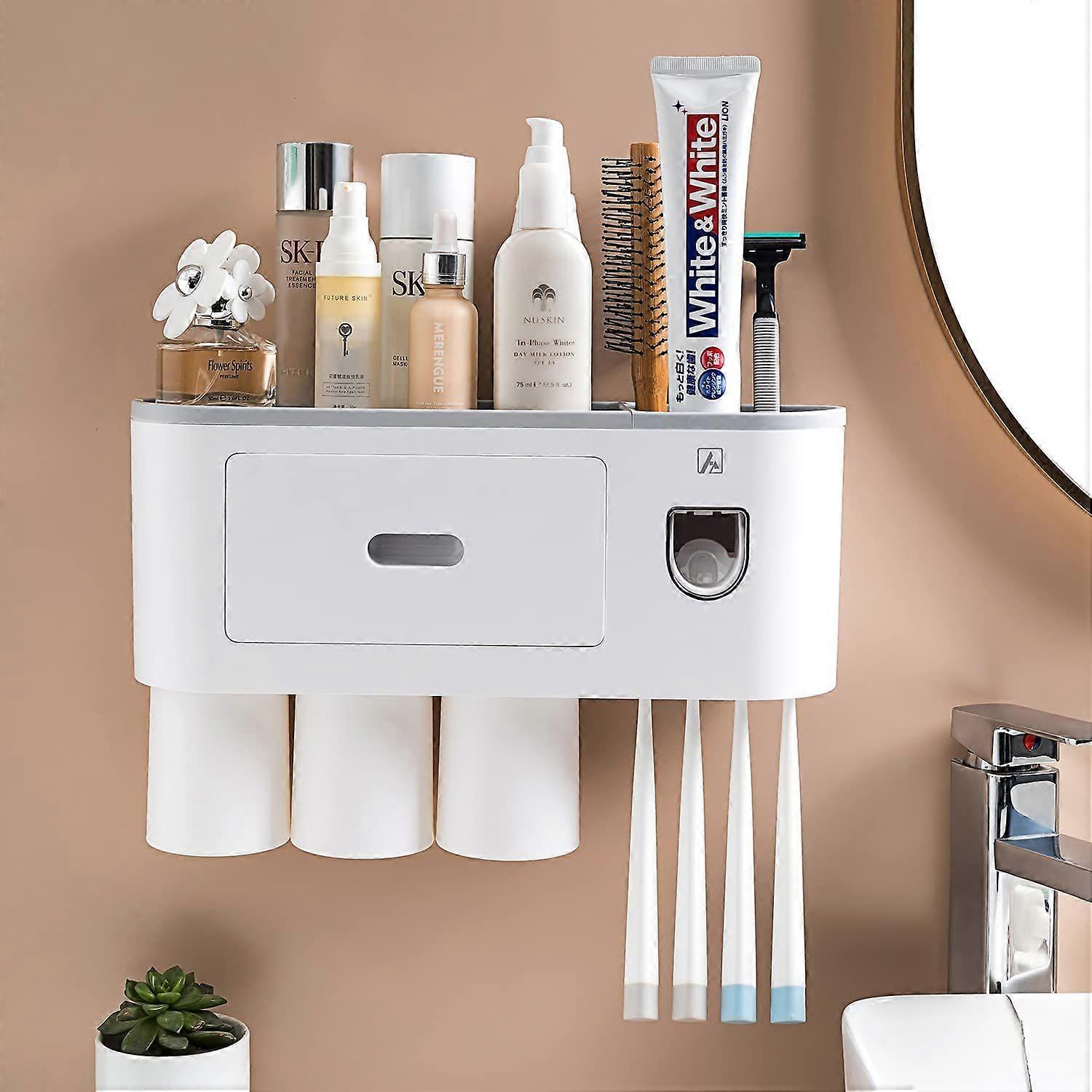 Toothbrush Holder with Toothpaste Dispenser-Multifunctional Wall Mounted Space-Saving Automatic Toothpaste Dispenser Squeezer Kit, 4 Toothbrush Slots,