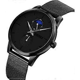 Ultra-Thin Waterproof Wristwatch for Men, Minimalist Analog Quartz Watch, Moon Phase, Stainless Steel Mesh Band, Black, CC-9208-