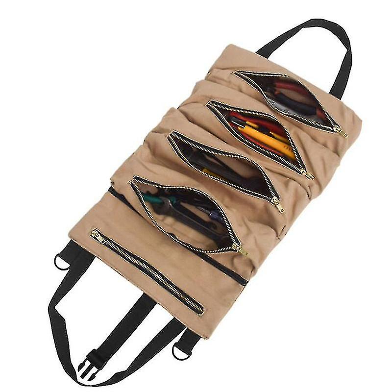 Tool Roll Up Bag With 5 Zipper Pockets Multipurpose Wrench Roll Pouch Canvas Tools Organizer Car Seat Back Storage Hanging Bag First Aid Kit To
