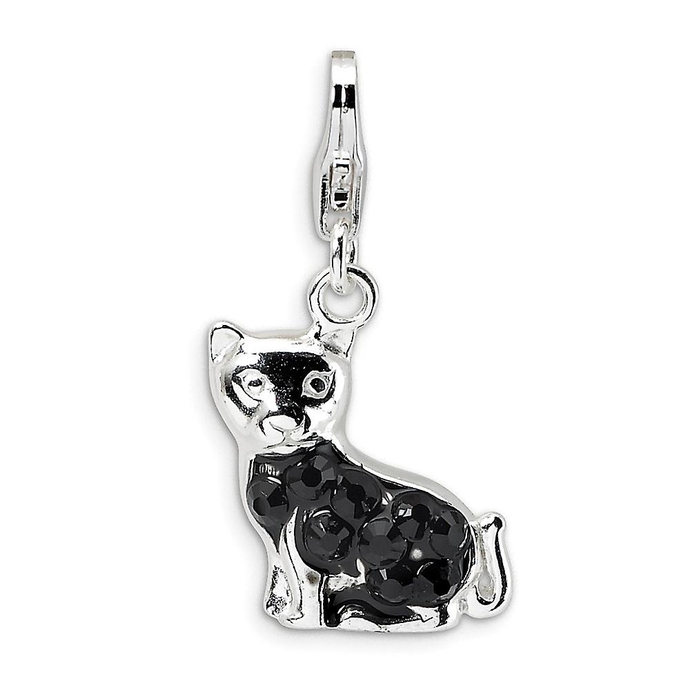 925 Sterling Silver Polished Fancy Lobster Closure Enameled Cubic Zirconia Cat With-Lobster Clasp Charm 25x11mm Pendant