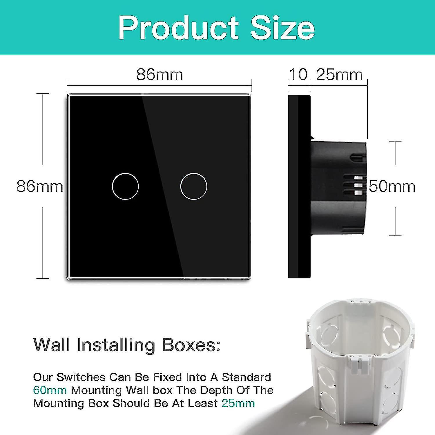 2 Gang 2 Way Black Toggle Switch with LED Display Light and Tact Switch