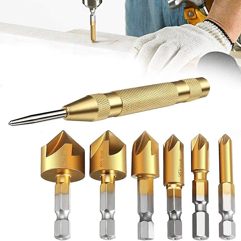 6 Pack HSS 5 Hex Shank Countersink Countersink Bits with 5" Auto Center Punch Deburring Tools for St