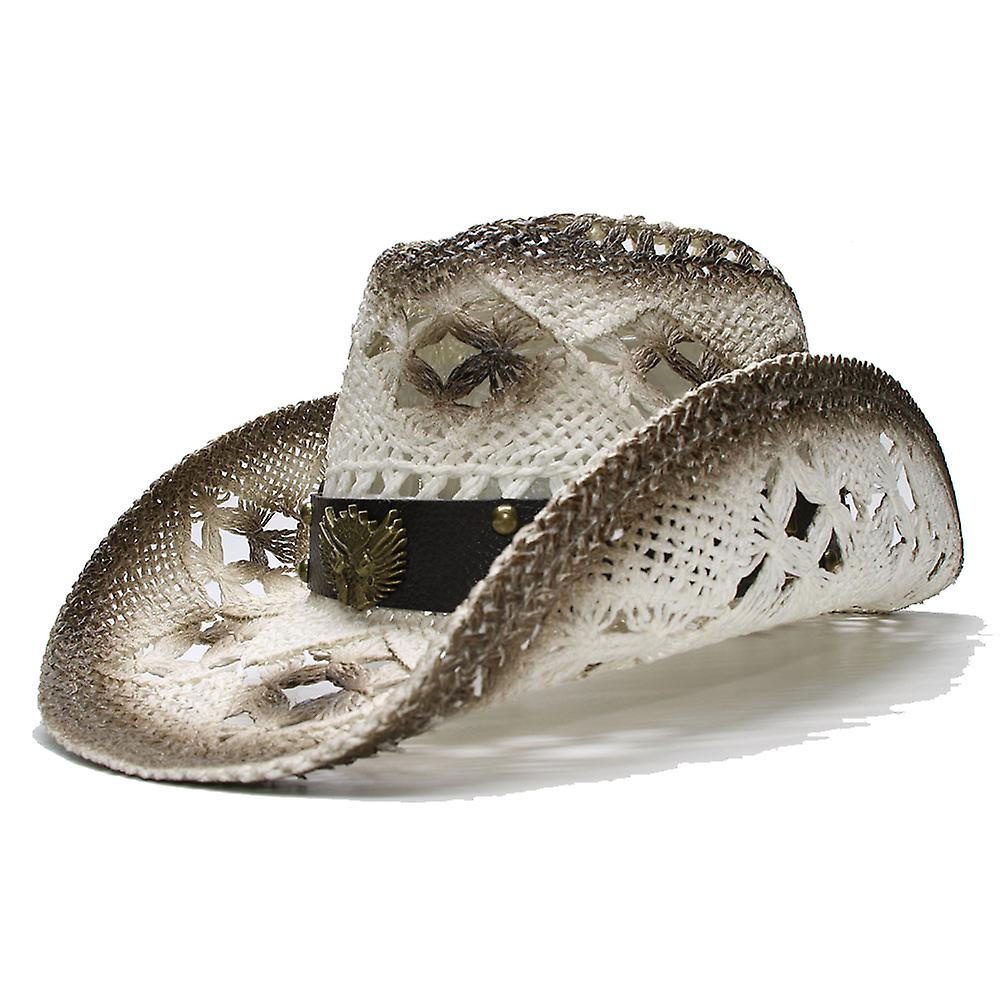 الرجعية المرأة للرجال الصيف سترو الشاطئ واسعة حافة رعاة البقر الغربية راعية البقر قبعة جوفاء اثنين من البنادق تسجيل الجلود الفرقة (58cm)