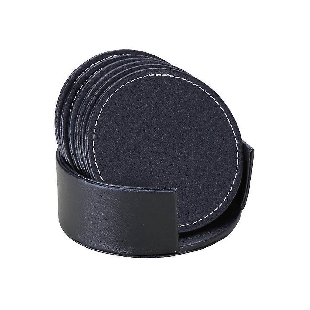 6 Pieces Coasters Glasses Black Non-Slip Leather Drinks Coasters, with Coaster Holder