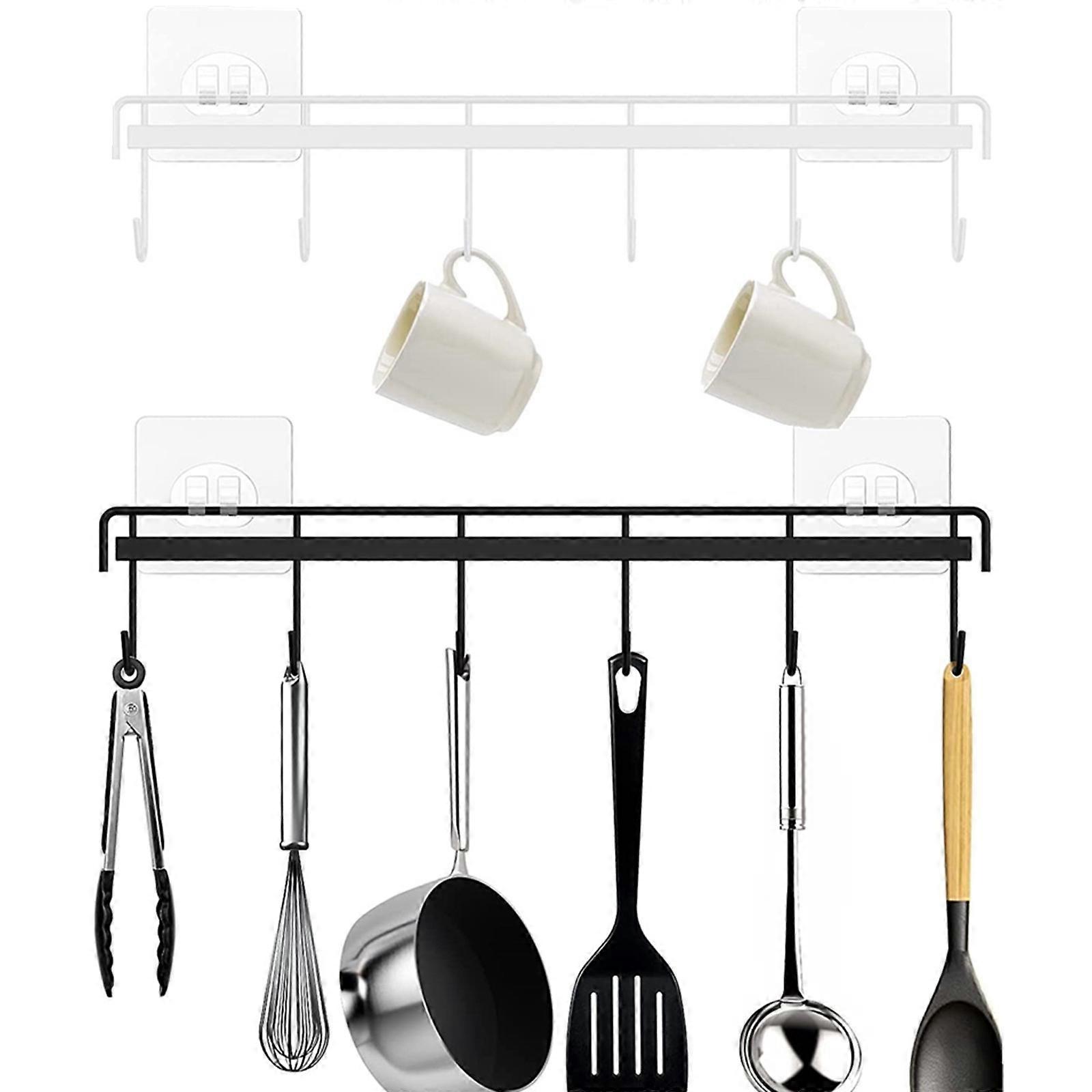 Kitchen utensils pendant self-adhesive row of hooks with 6 hooks 2 pieces 1 black 1 white