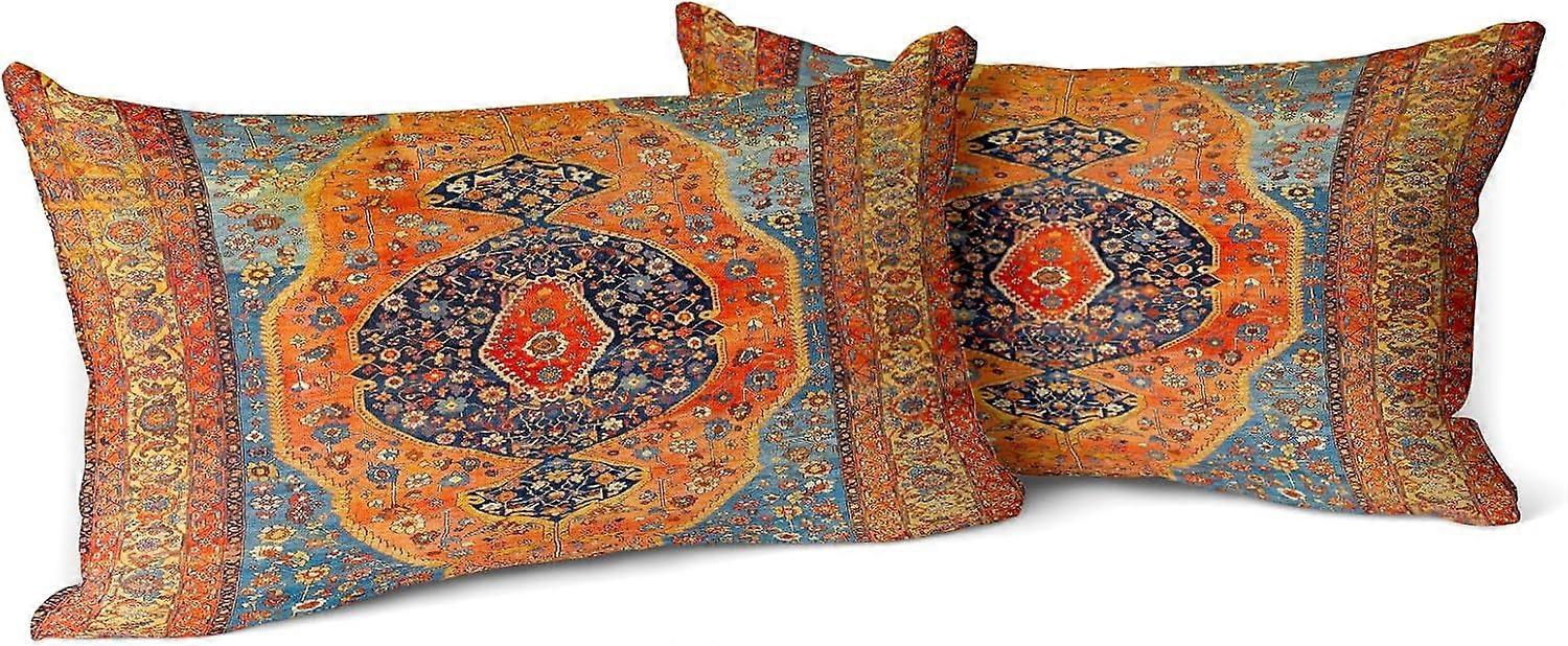 オレンジヴィンテージフラワー枕カバー12x20インチセット2オレンジの花の葉装飾的な正方形の自由奔放に生きるソファの素朴な枕ケースホーム