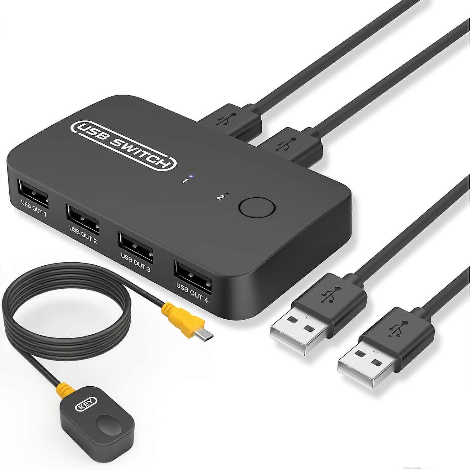 USB 2.0 Switch Selector for 2 Computers & Sharing 4 USB Devices with Remote Button Switch, KVM Switch Hub Adapter for Mouse, Keyboard, Scanner, Printe