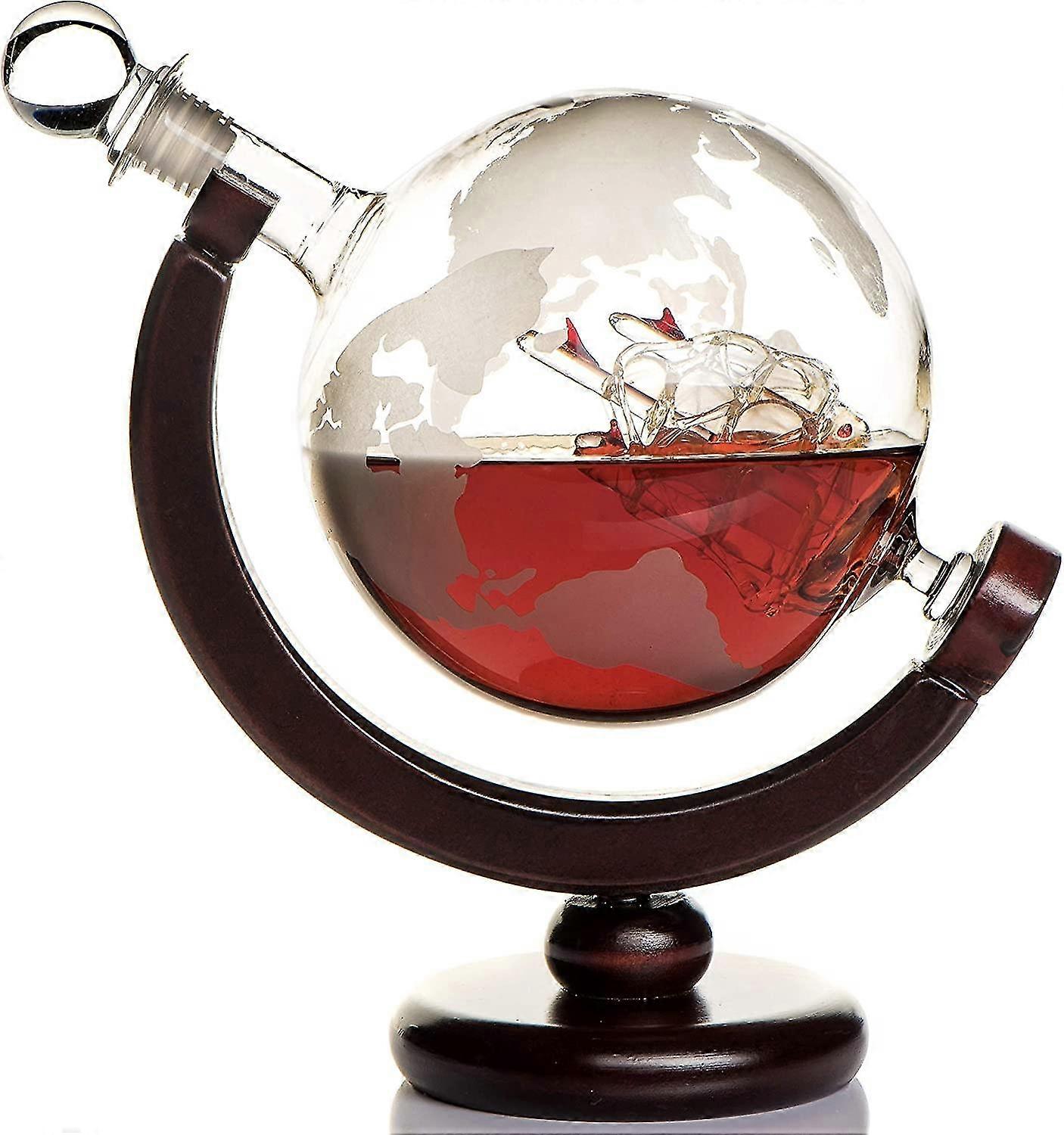 whiskey decanter etched globe with wooden stand