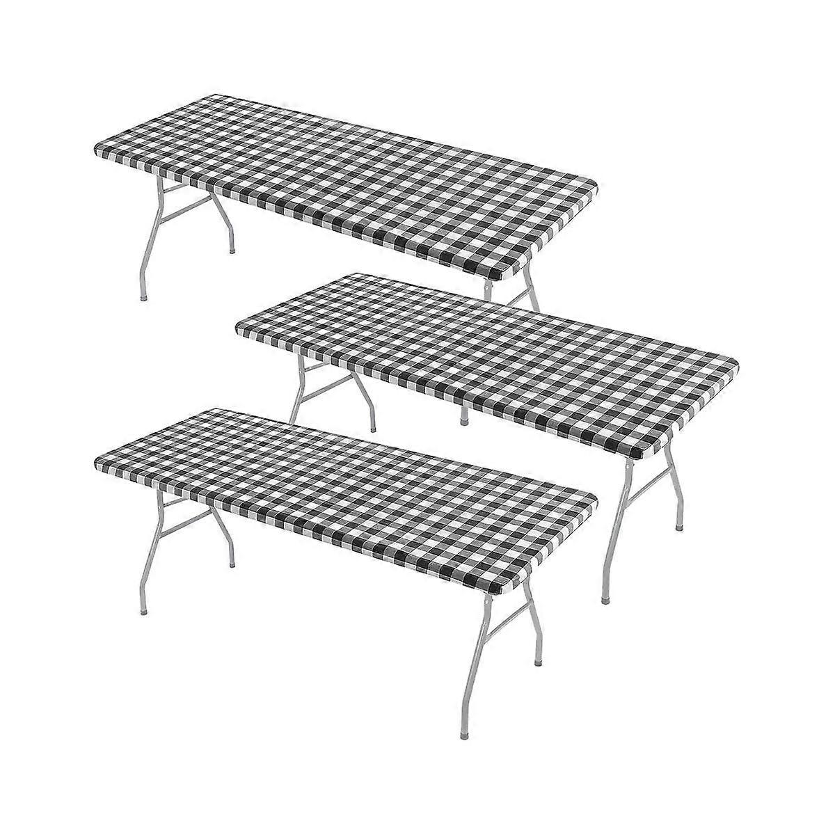 3 Pcs Fitted Tablecloth for Table,Stretch Waterproof Elastic Vinyl Picnic Table Cover with Flannel