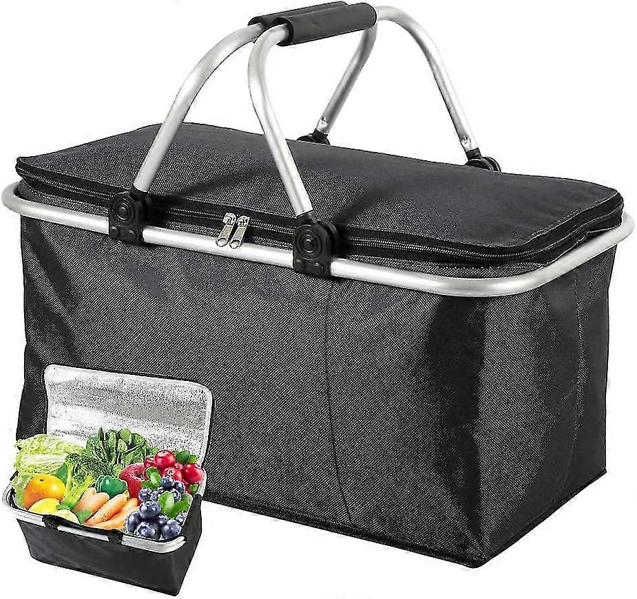 Foldable Shopping Hamper, 2-8 Person Picnic Hamper, Large Capacity Cooler Bag, Zippered Hamper For Beach Camping Holiday School (black)
