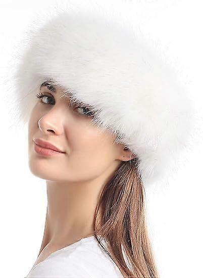Young Faux Fur Headband with Elastic for Women's Winter Earwarmer Earmuff Length: 27" total in circle, Width: 4" White