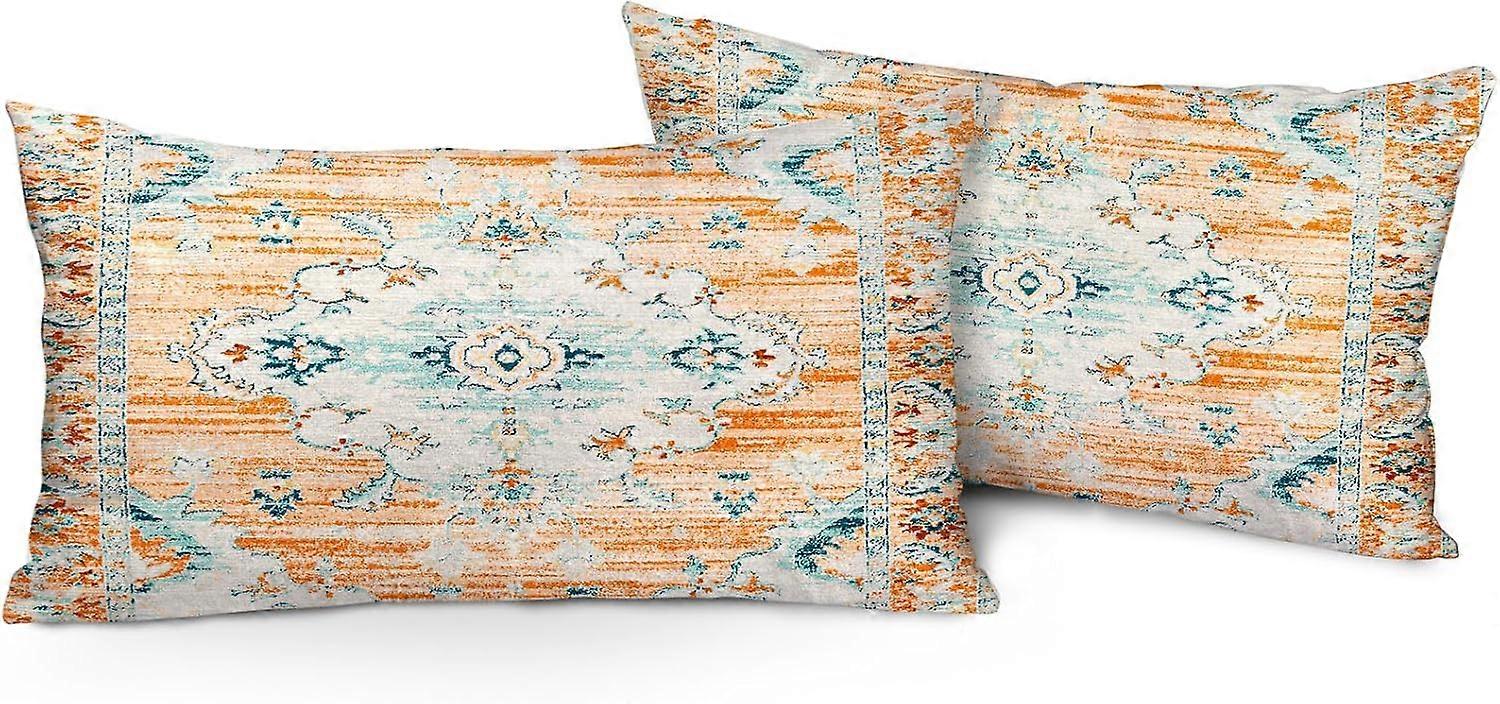 Boho Throw Pillow Covers 12x20 inch Set of 2, Orange Bohemian Carpet Double Sided Pattern Soft Plush Cushion Cover for Farmhouse Couch Sofa Bed Decora
