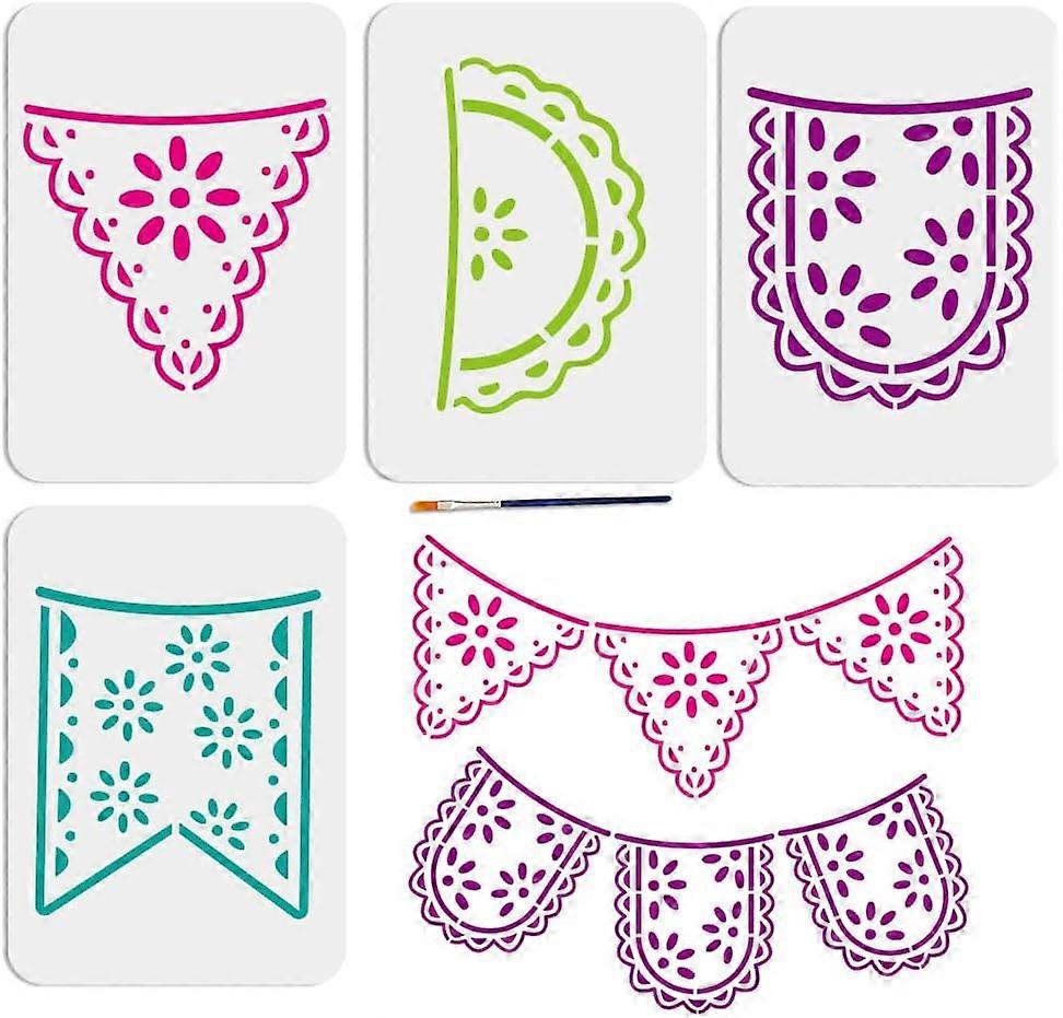 4 Styles Party Flag Banner Stencil 11.78.3inch Lace Triangle Half Round Flag Stencil Party Decoration Drawing Template with Paint Brush for Holidays W