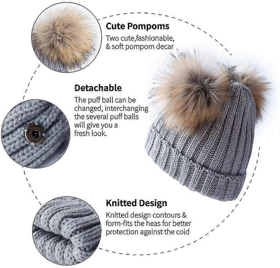 女性冬ダブルポンポンビース裏地ボブルハットニットフェイクファーポム