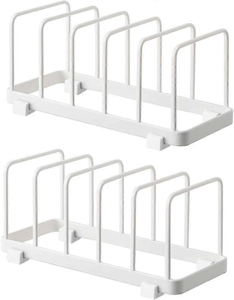 Plate oppbevaring rack drainer, skjærebrett, bakeware, serveringsbrett holder, lokk arrangør, skap oppvaskstativ (hvit, 2 pakker)
