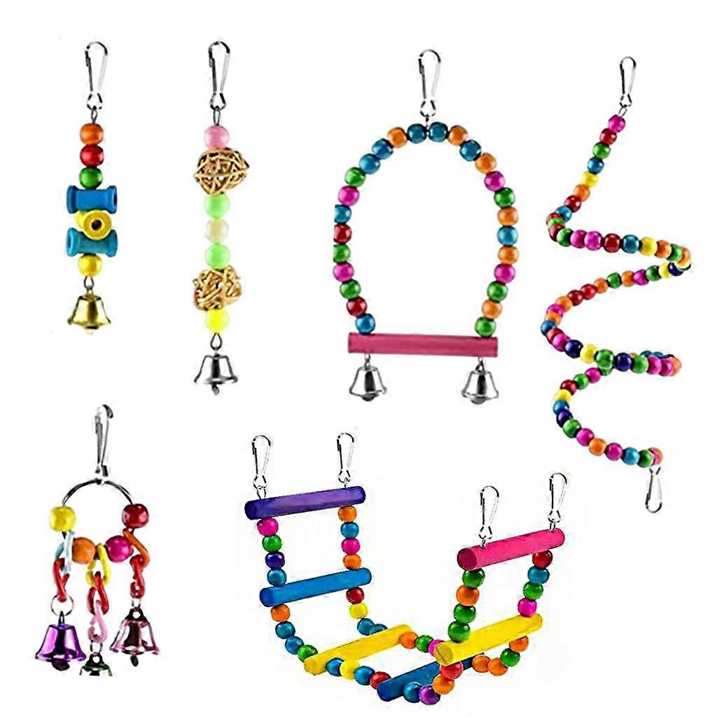 6Pcs Chewing Toy for Parrot, Cockatiel, Macaw, Conure, Parakeet, Edible Chew, Nibbling Keeps Beaks Trimmed, Multicolored Wooden Beads