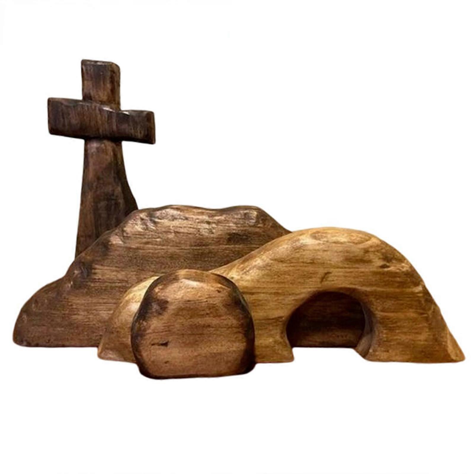 50% OFF,Easter Resurrection Scene Set - The Empty Tomb Easter Scene and Cross, Jesus Nativity Scene Wooden Cross Empty Tomb Statue Set, Wooden Jesus P