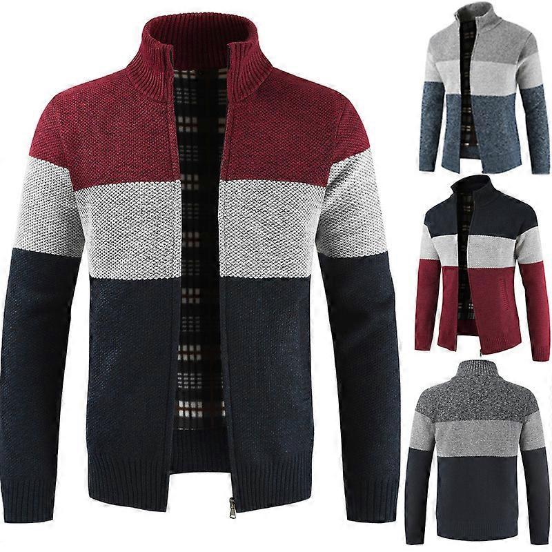 Mens Stand Collar Sweater Color Block Knit Cardigan